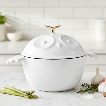 White cocotte pot with owl-shaped lid and side handles