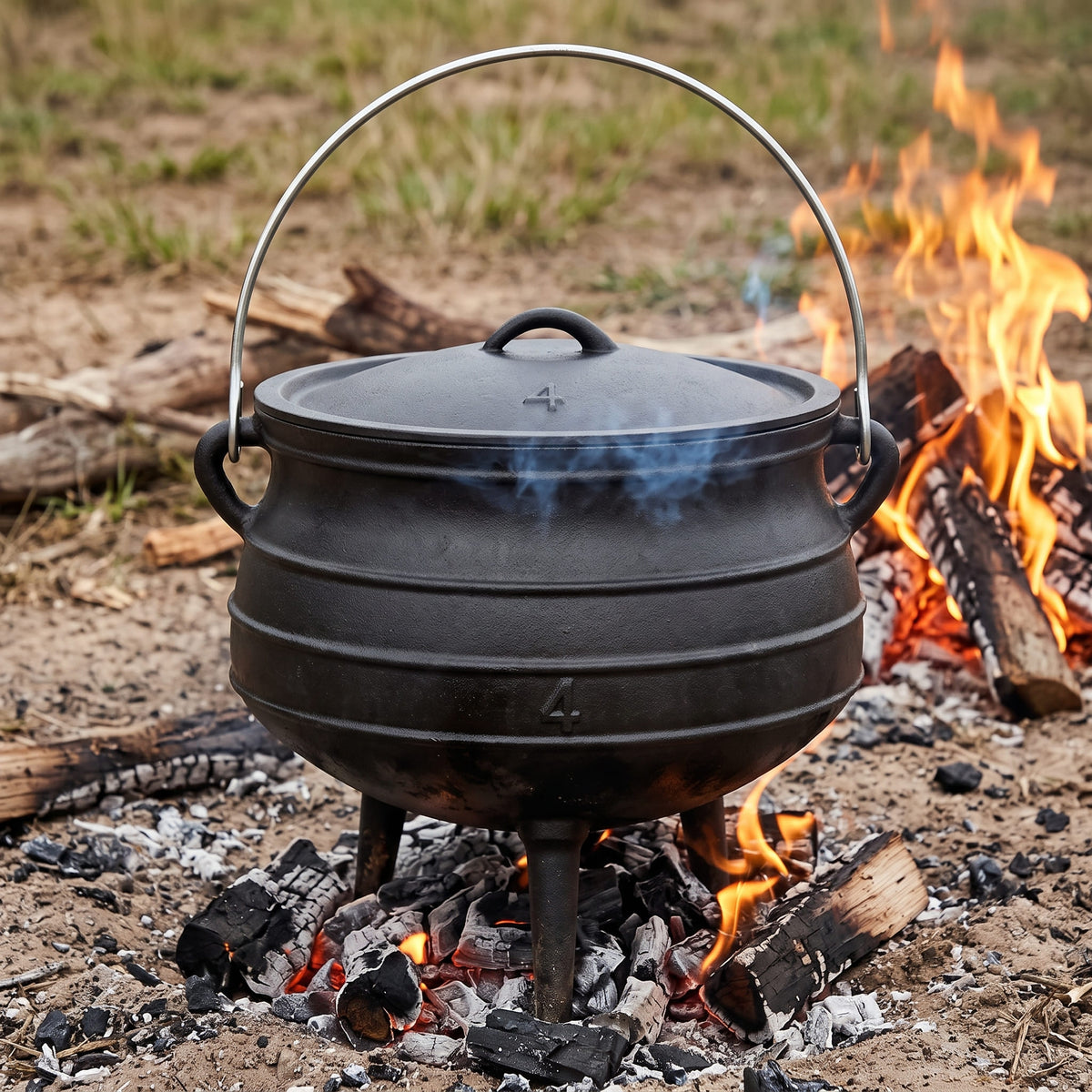 A black cast iron Dutch oven with a lid and metal handle sits over an outdoor campfire on ash and wood, with flames and smoke visible in a natural outdoor setting. 10 qt (Size #4) cast iron potjie