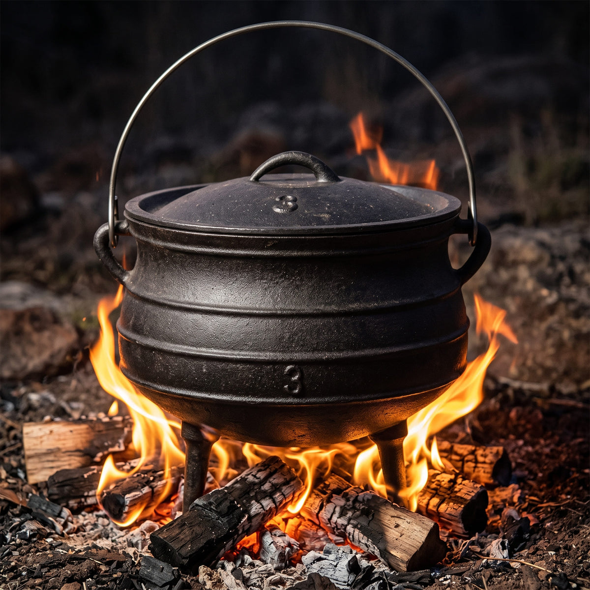 A black cast iron cauldron with a lid and metal handle sits over an open fire with visible flames and logs, photographed outdoors in a rustic setting. 8 qt (Size #3) cast iron potjie