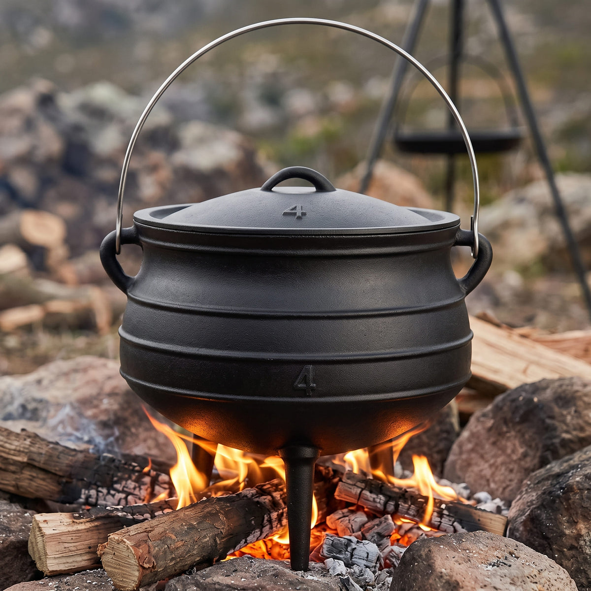 A black cast iron Dutch oven pot with a lid and metal handle, shown outdoors over an open fire with logs and rocks in a natural outdoor setting. 10 qt (Size #4) cast iron potjie