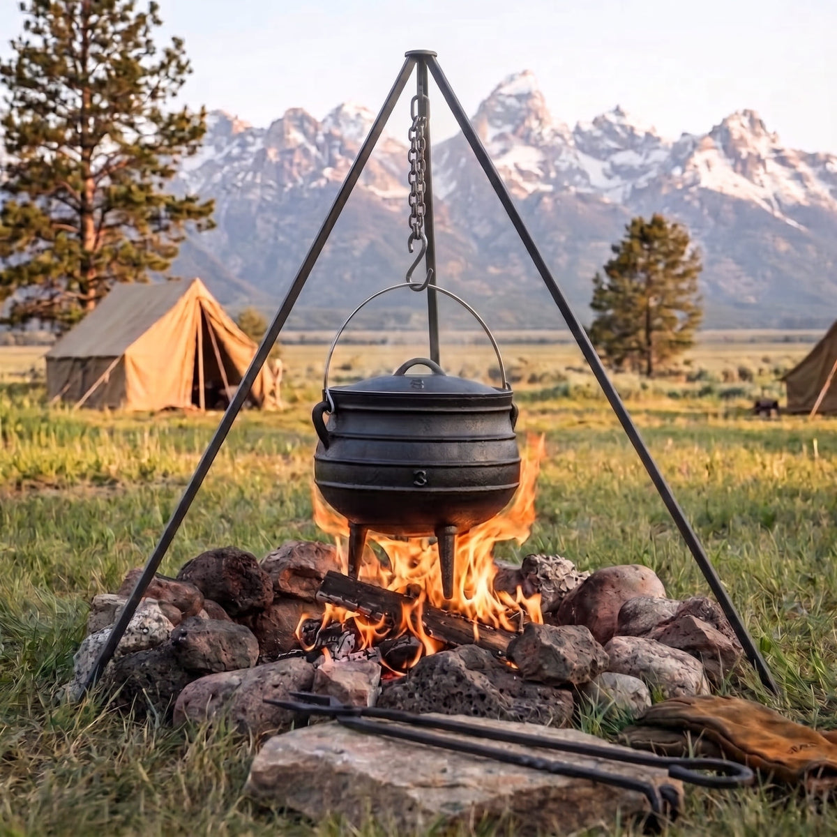 A black metal cauldron hanging from a tripod over an outdoor campfire ring, with mountains and tents in the background. 6 qt (Size #2), 8 qt (Size #3), 10 qt (Size #4), 14 qt (Size #6)