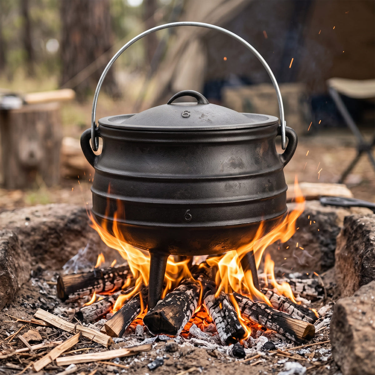A black cast iron Dutch oven with a lid and metal handle sits over an open campfire with visible flames and logs, set in a stone fire pit outdoors. 14 qt (Size #6) cast iron potjie
