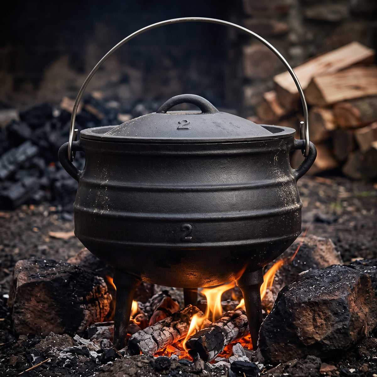 A black cast iron cauldron with a lid and metal handle, sitting over an open fire with visible flames and embers. The cauldron is placed outdoors on rocks with stacked firewood in the background. 6 qt (Size #2) cast iron potjie