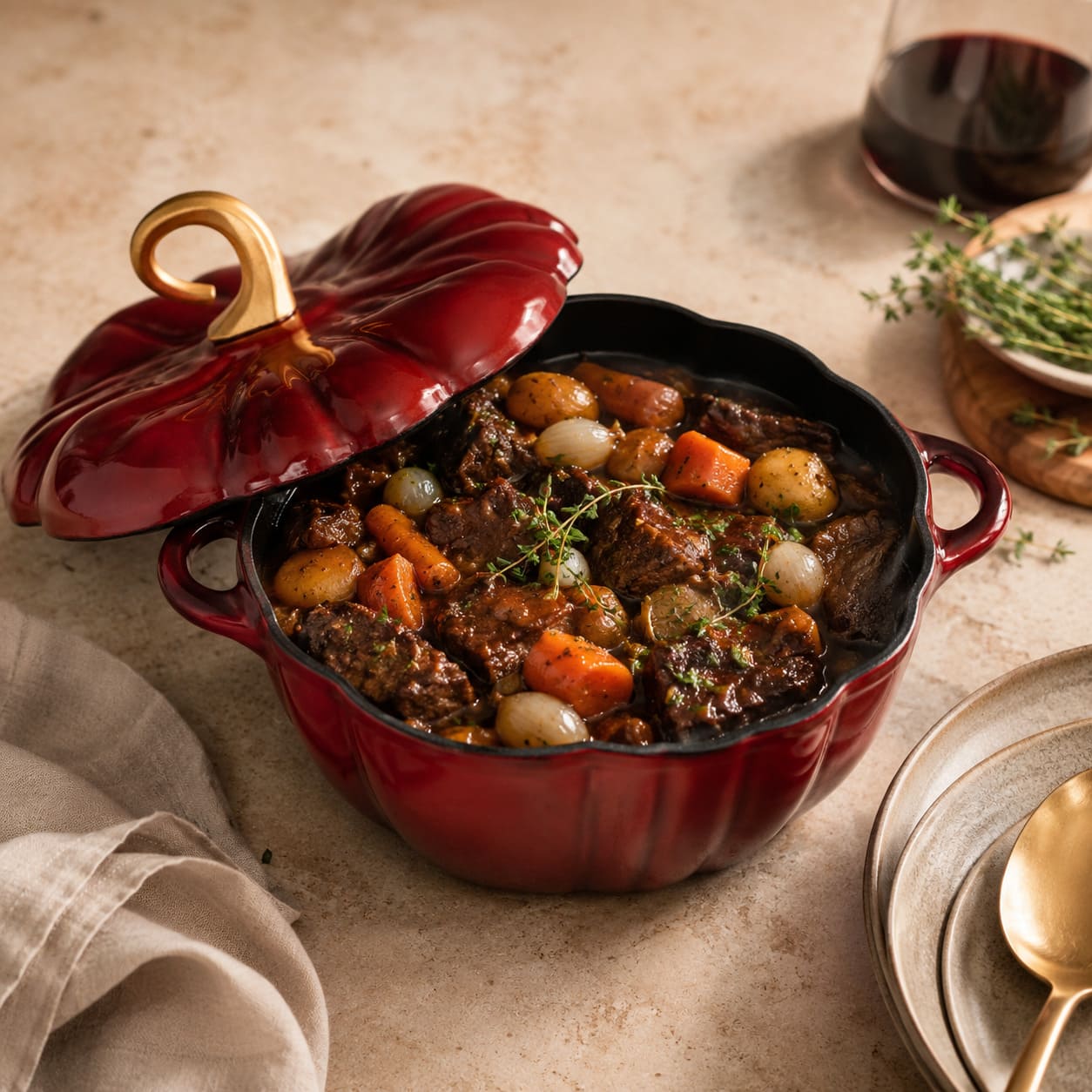 A burgundy red cast-iron pumpkin-shaped casserole dish with a gold-toned handle and lid, filled with a hearty beef and vegetable stew, set on a beige tabletop with dining props.
