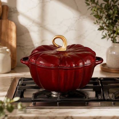 A glossy burgundy red enameled cast iron pot with a lid designed to look like a pumpkin, featuring a gold-toned loop handle and side handles, sitting on a gas stovetop in a kitchen setting.