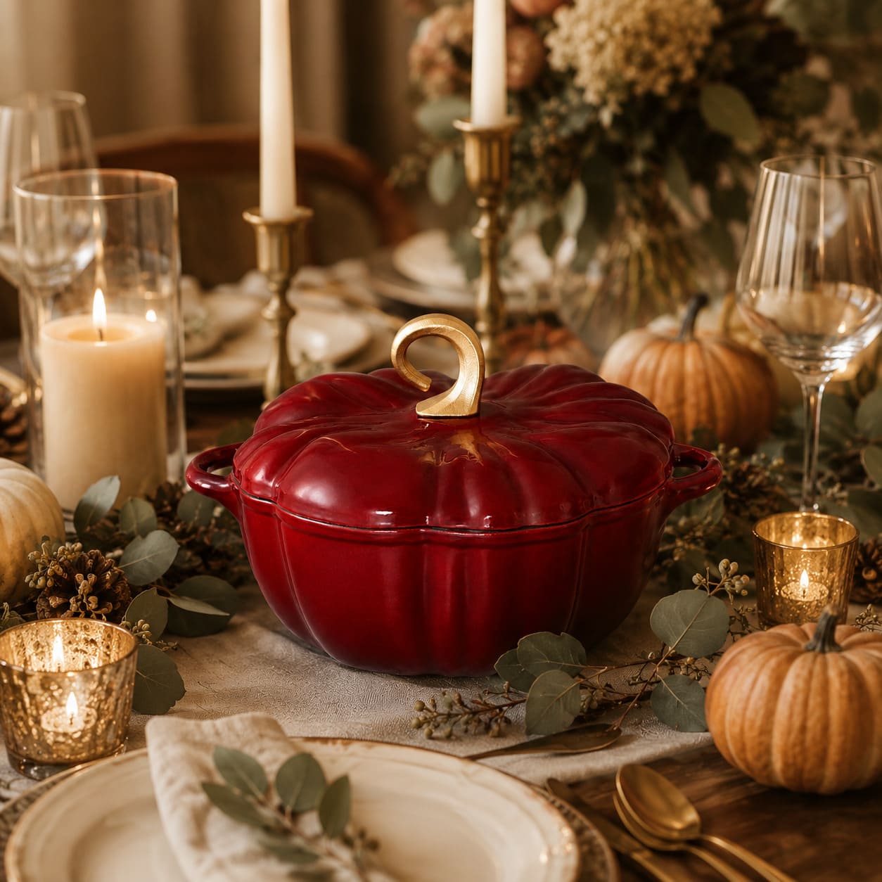 A burgundy red pumpkin-shaped enameled cast iron Dutch oven with a gold handle, styled on a rustic autumn-themed table with candles, wine glasses, eucalyptus leaves, and small pumpkins.