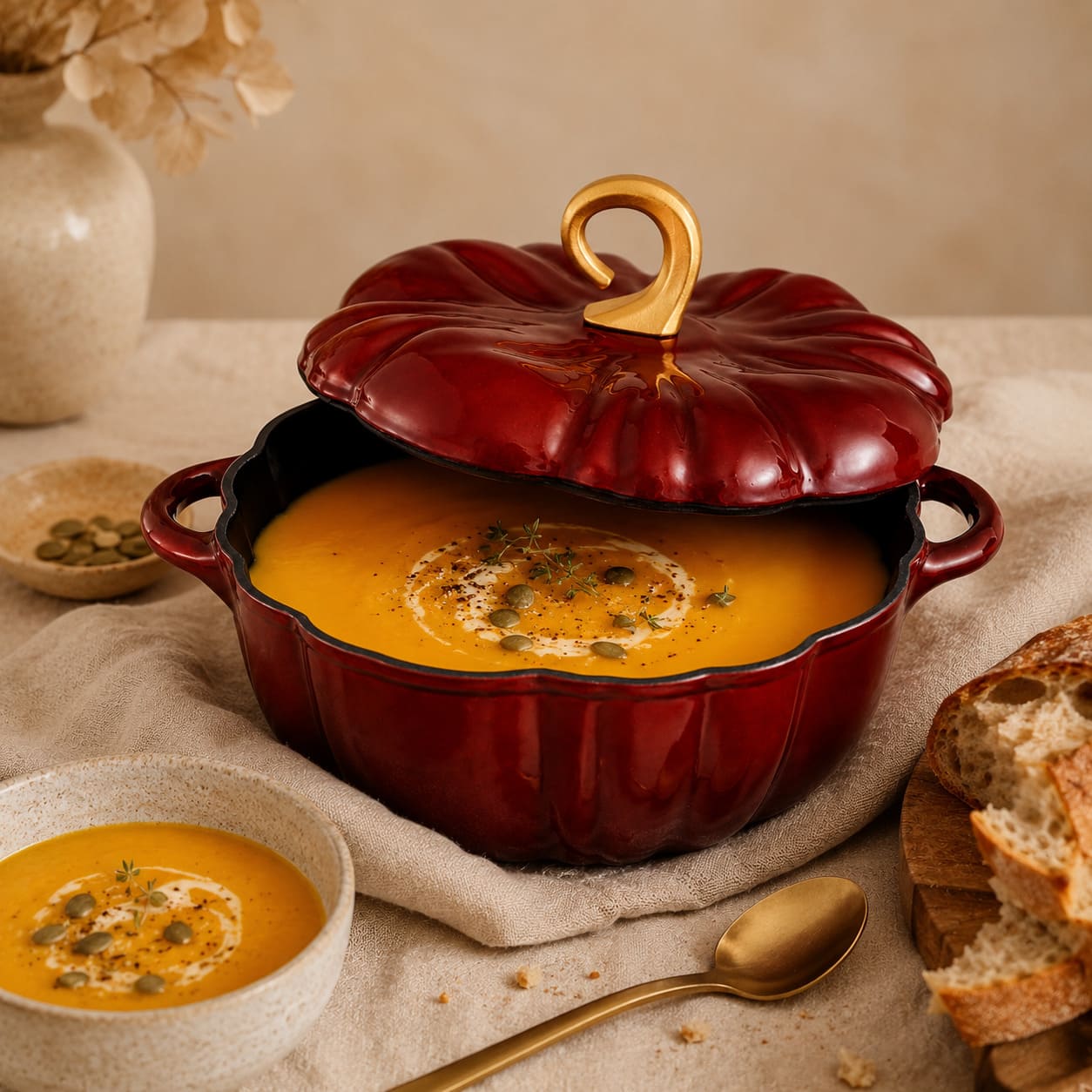 A burgundy red pumpkin-shaped cast iron soup pot with a gold-toned handle, filled with soup and shown on a beige tablecloth with bread, a spoon, and a small bowl nearby.