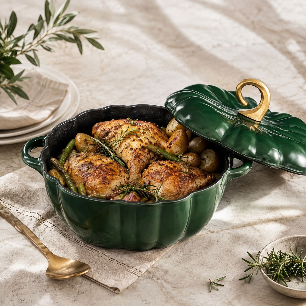 A deep green pumpkin-shaped cast iron casserole dish with a matching lid, shown filled with roasted chicken, asparagus, and potatoes on a beige tablecloth with dining props.