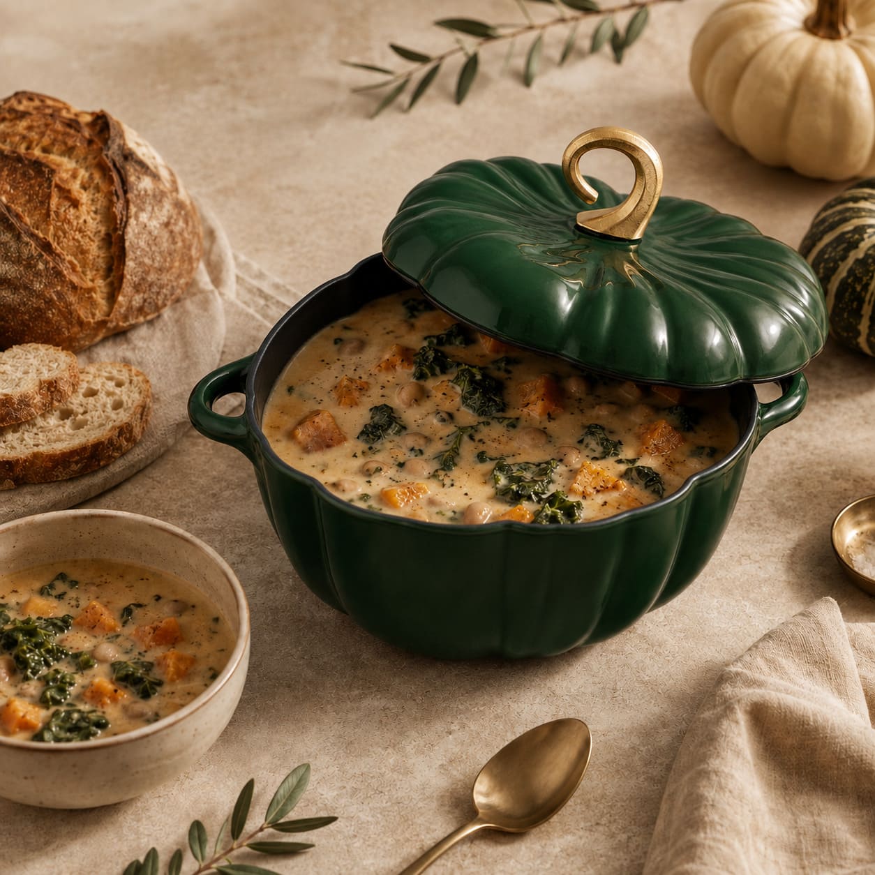 A deep green pumpkin-shaped cast iron pot filled with creamy pumpkin soup, styled on a beige fabric surface with bread, pumpkins, spoons, and leaves around it.