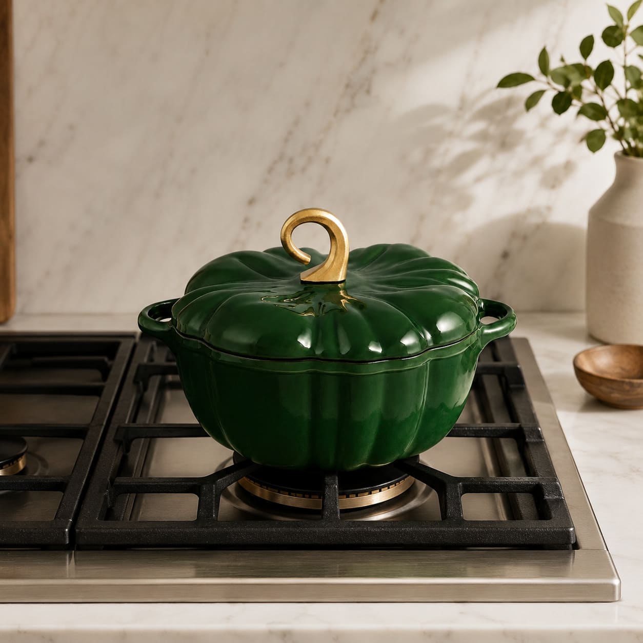 A deep green pumpkin-shaped enameled cast iron Dutch oven with a gold-tone handle, sitting on a gas stovetop in a kitchen setting.