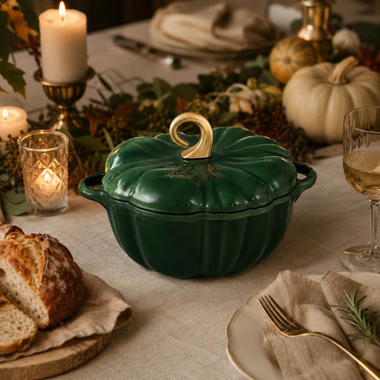 A glossy deep green pumpkin-shaped enameled cast iron pot with a gold-toned handle, set on a styled autumn table with bread, candles, pumpkins, and a wine glass.