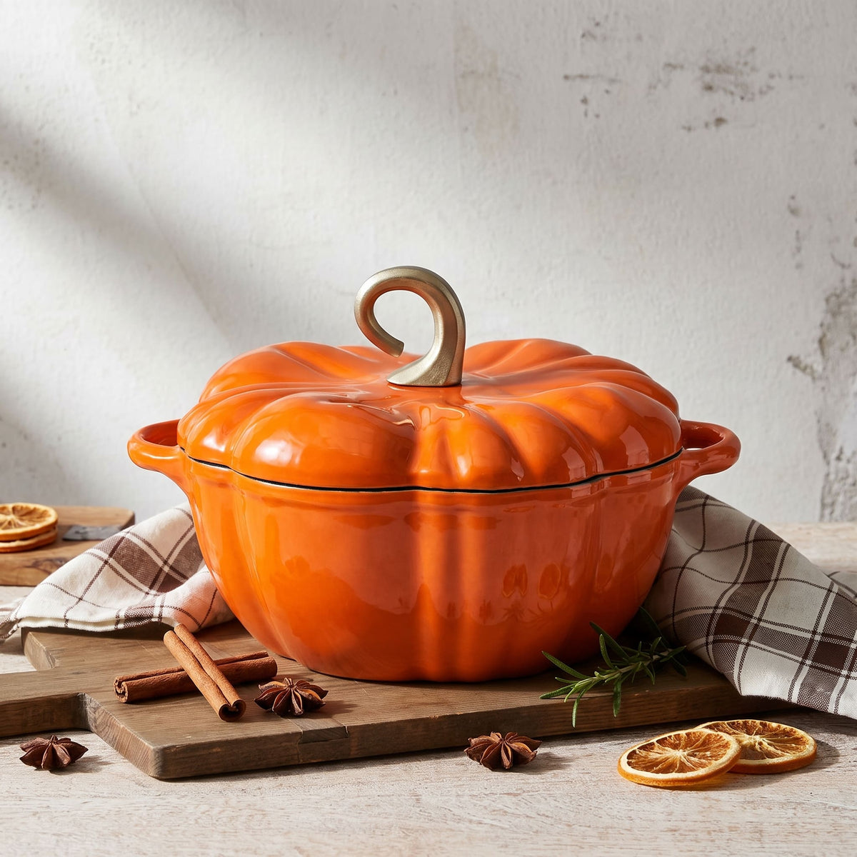 An pumpkin orange pumpkin-shaped enameled cast iron Dutch oven with a lid and a wooden handle, styled on a rustic wooden cutting board with cinnamon sticks, star anise, rosemary, and dried orange slices against a textured white wall.