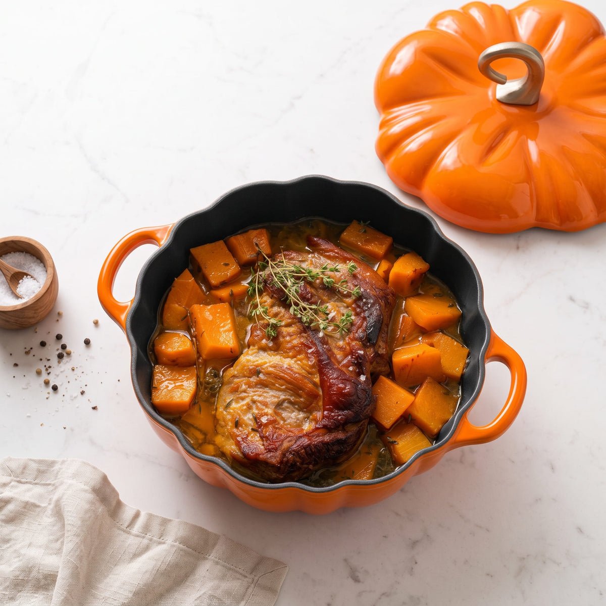 An pumpkin orange pumpkin-shaped ceramic casserole dish with a black interior, filled with roasted meat, sweet potatoes, and herbs, set on a white marble surface with a matching lid and small seasoning props nearby.