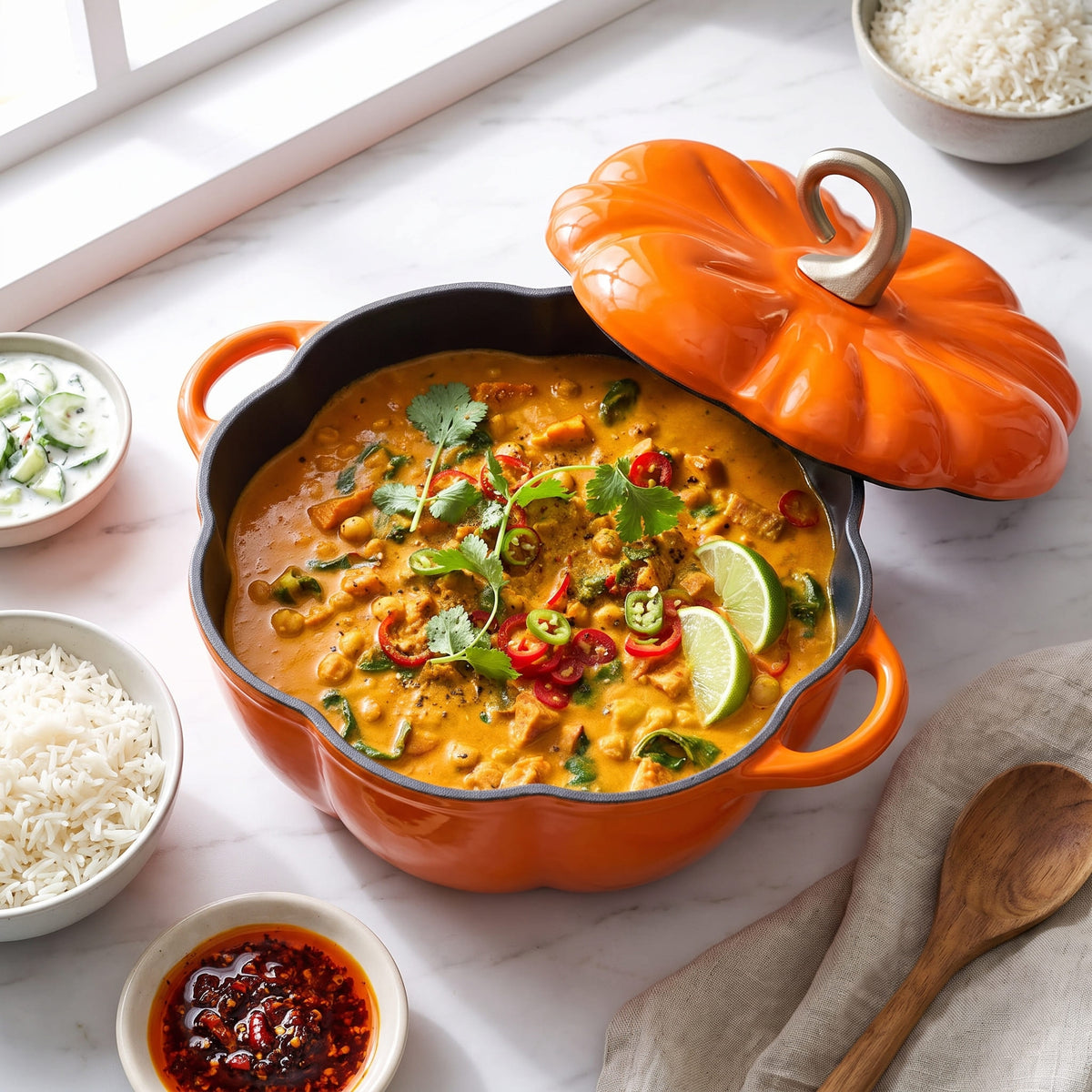 An pumpkin orange pumpkin-shaped ceramic pot filled with a chunky curry dish, shown on a light marble surface with the matching lid leaning against the rim. Small bowls of rice, chutney, and garnish are arranged around it, with a wooden spoon and a window in the background.