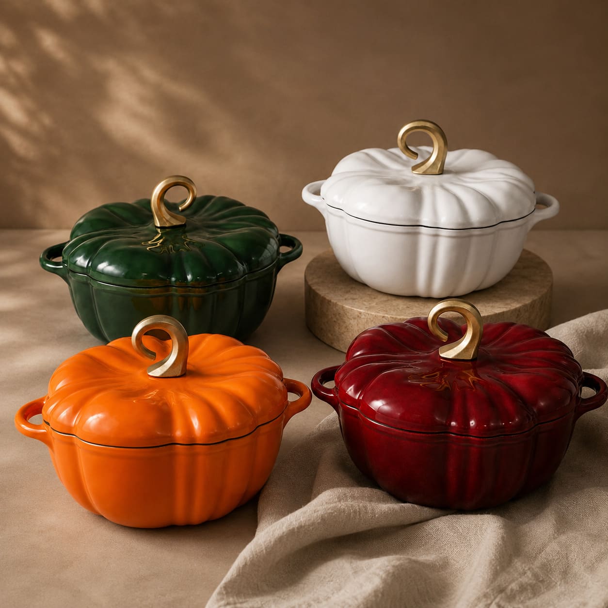 Four pumpkin-shaped lidded pots in deep green, pearl white, orange, and burgundy, each with a gold-toned loop handle, arranged on a beige surface with draped fabric and wooden blocks.