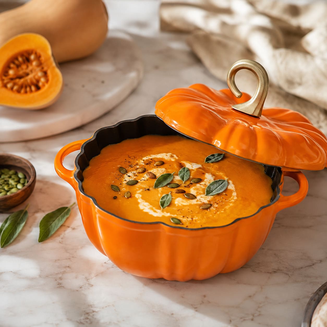 An orange pumpkin-shaped ceramic pot with a matching lid, filled with creamy orange soup and garnished with seeds and leaves, set on a marble surface with squash props in the background.