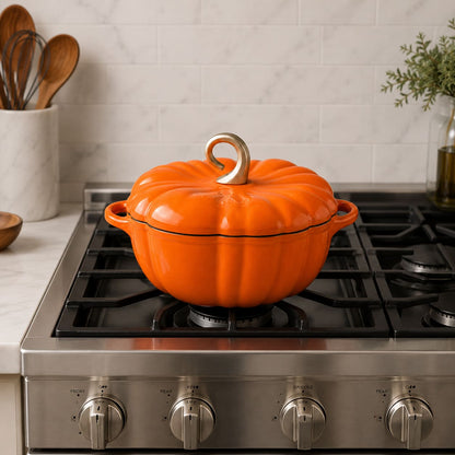 An orange pumpkin-shaped enameled cast iron Dutch oven with a matching lid and a gold-toned loop handle, sitting on a stainless steel gas stovetop in a kitchen setting.