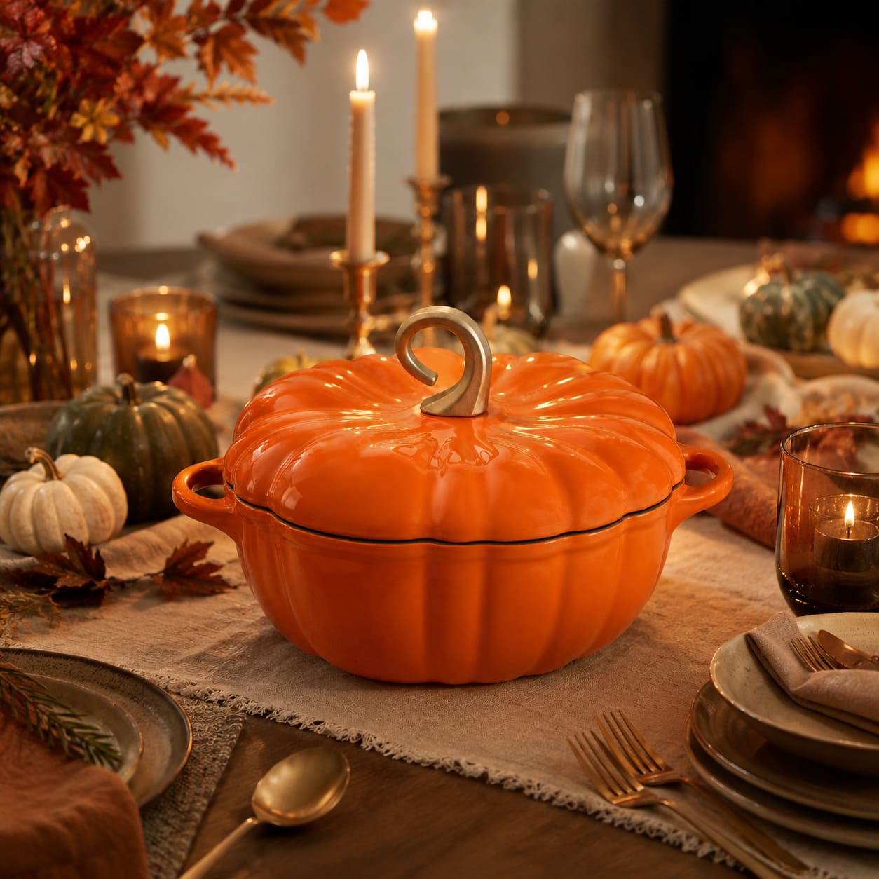 An orange enameled lidded casserole dish with a sculpted pumpkin handle and loop lid, styled on a rustic table runner with candles, plates, and autumn decorations.