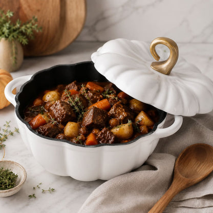 A pearl white cast-iron casserole pot with a scalloped lid, shown filled with a hearty beef and vegetable stew. The pot has a black interior and is styled on a marble surface with a wooden spoon, a small bowl of fresh herbs, and a wooden cutting board in the background.