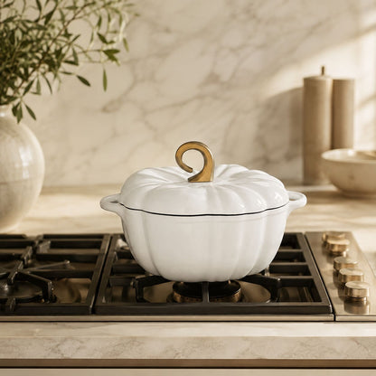 A pearl white pumpkin-shaped enameled cast iron Dutch oven with a lid and a gold-tone handle, sitting on a black gas stovetop in a modern kitchen setting.