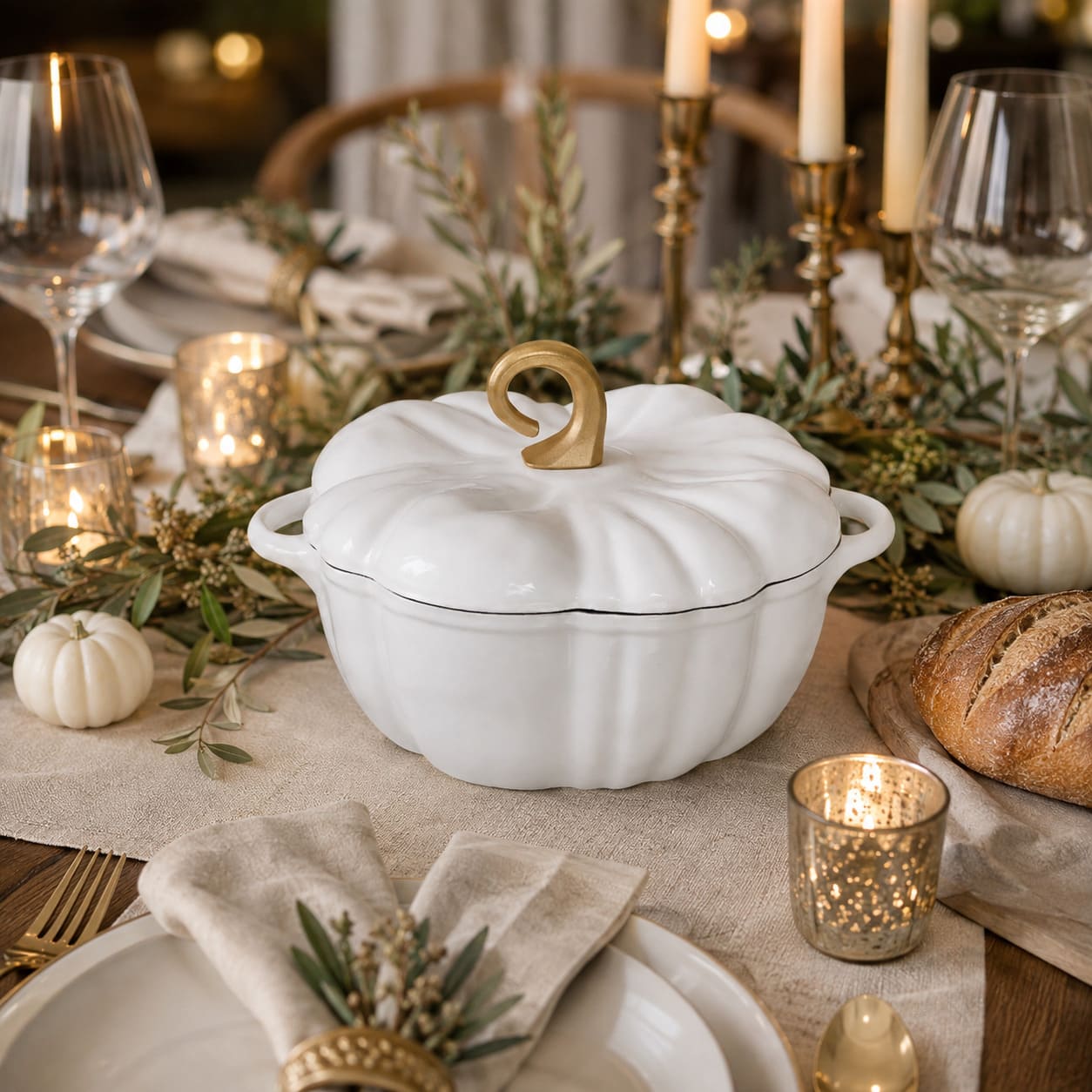 A pearl white enameled cast-iron Dutch oven with a lid and a gold-toned handle, styled on a rustic Thanksgiving table with candles, wine glasses, bread, and small pumpkins.