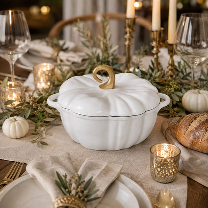 A pearl white enameled cast-iron Dutch oven with a lid and a gold-toned handle, styled on a rustic Thanksgiving table with candles, wine glasses, bread, and small pumpkins.