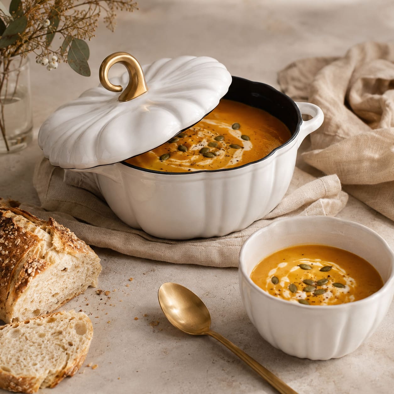 A pearl white ribbed cast iron soup pot with a lid and gold-toned handle, filled with soup, shown beside a matching white bowl, a gold spoon, sliced bread, and beige fabric on a neutral tabletop.