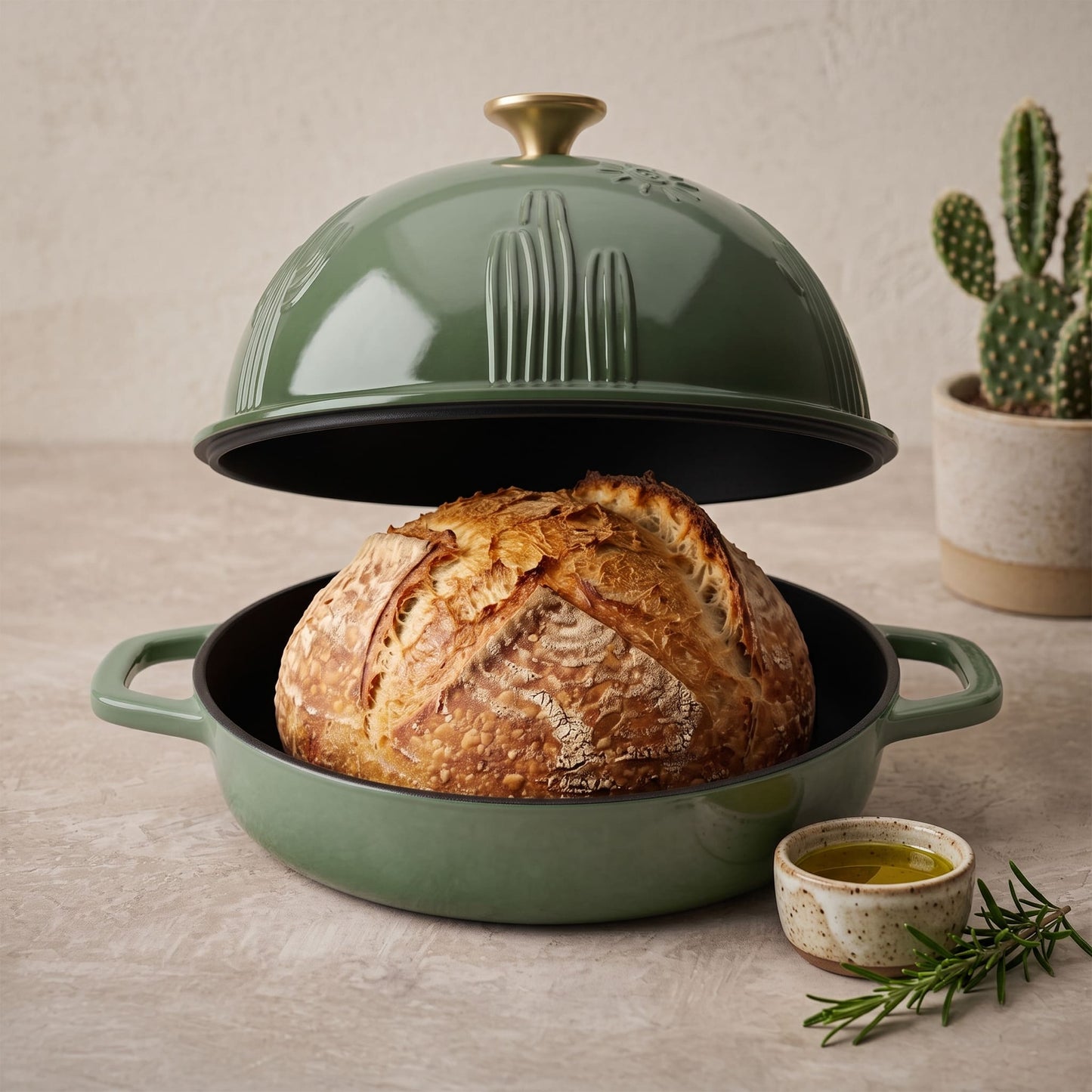 Sage green bread oven with domed lid and sliced loaf on black base
