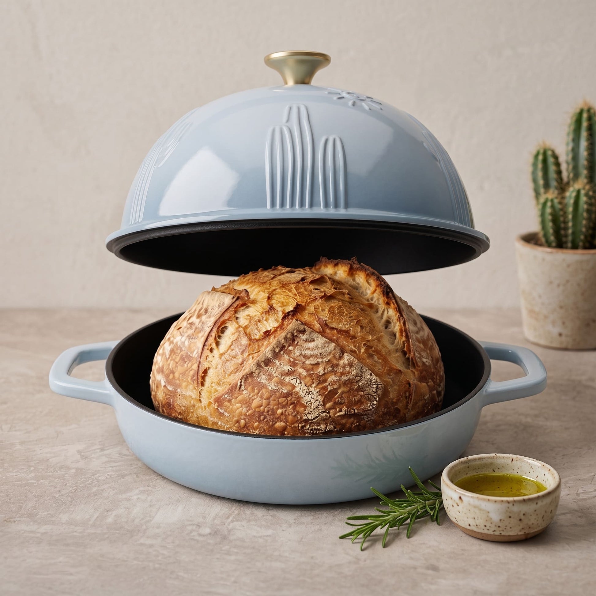 Slate blue bread oven with domed lid and sliced loaf on black base
