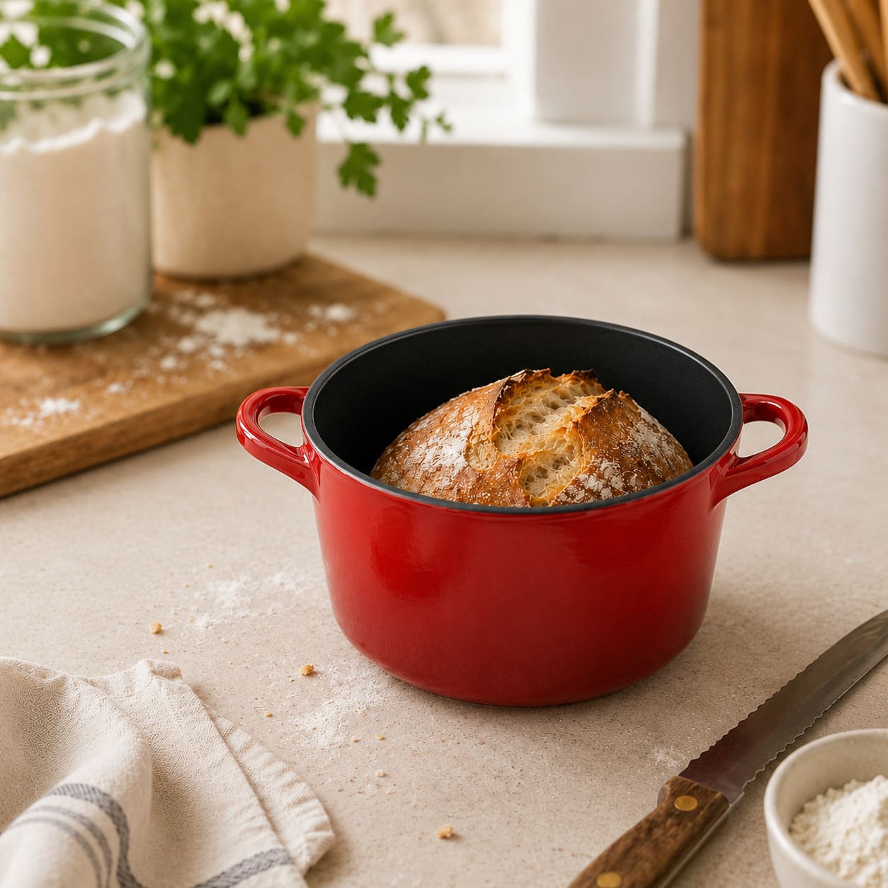 Cherry red enameled Dutch oven with loop handles, filled with baked bread and golden crust.