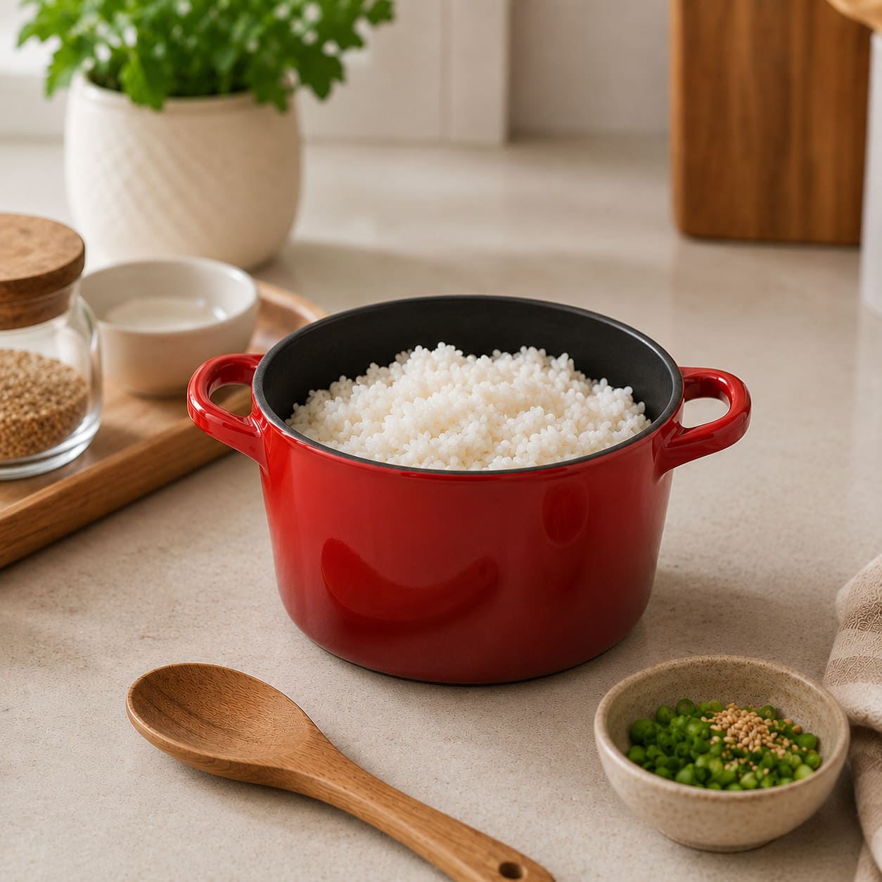 Cherry red deep Dutch oven with side handles filled with cooked white rice