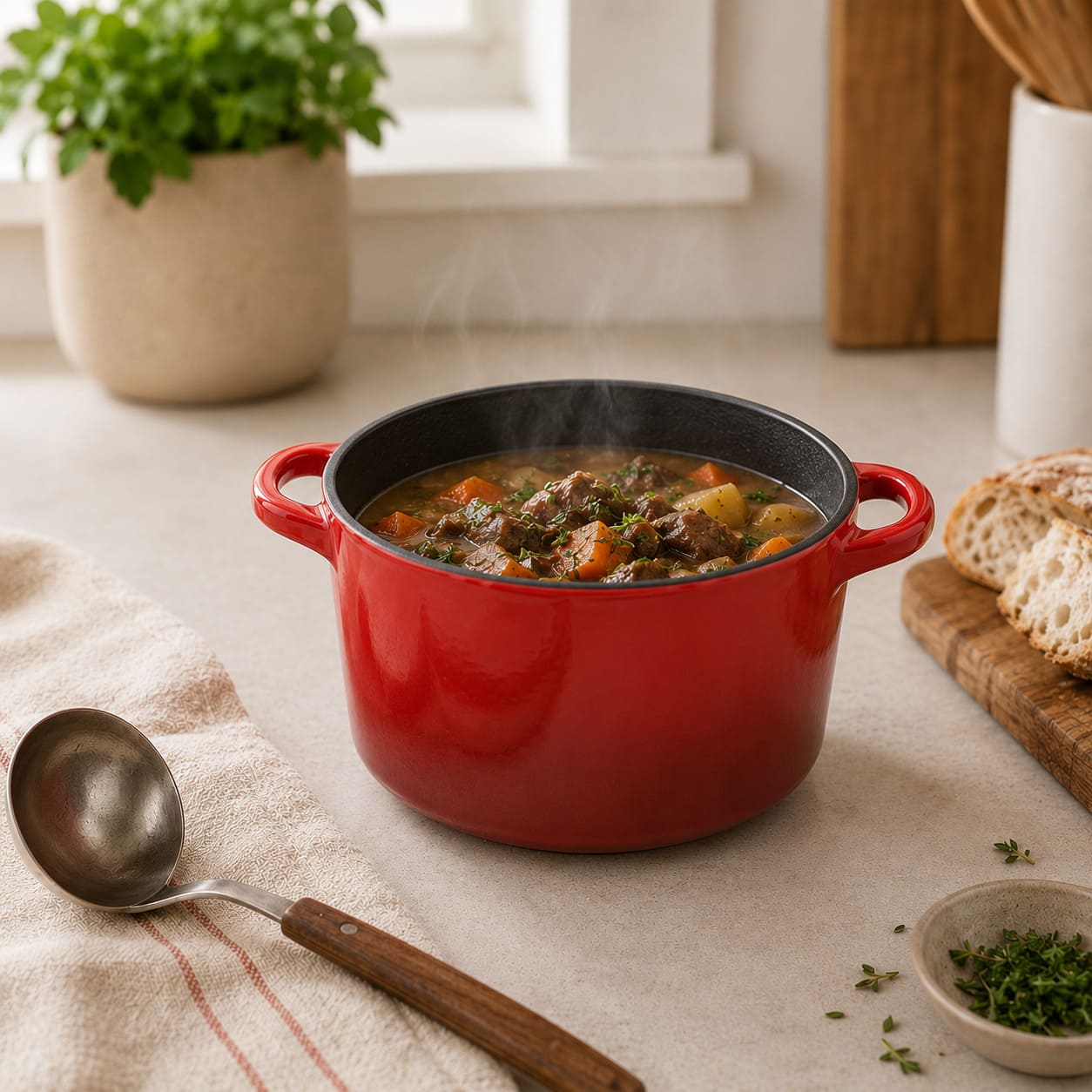 Cherry red enameled Dutch oven with loop handles, filled with soup and vegetables.