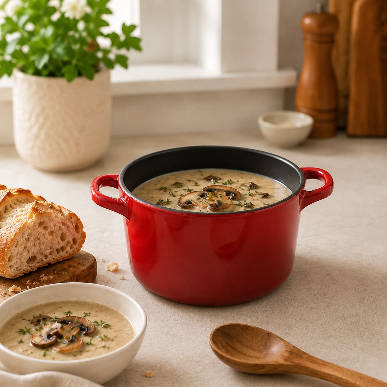 Cherry red deep Dutch oven with side handles filled with creamy soup