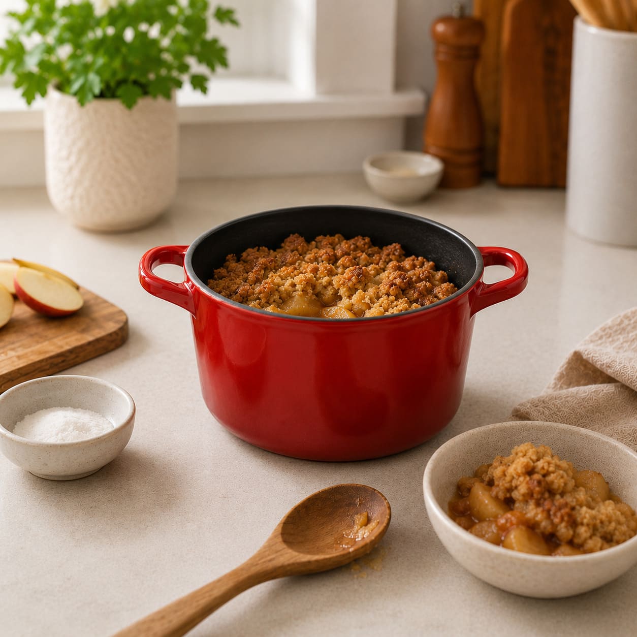 Cherry red deep Dutch oven with side handles filled with a savory meat stew