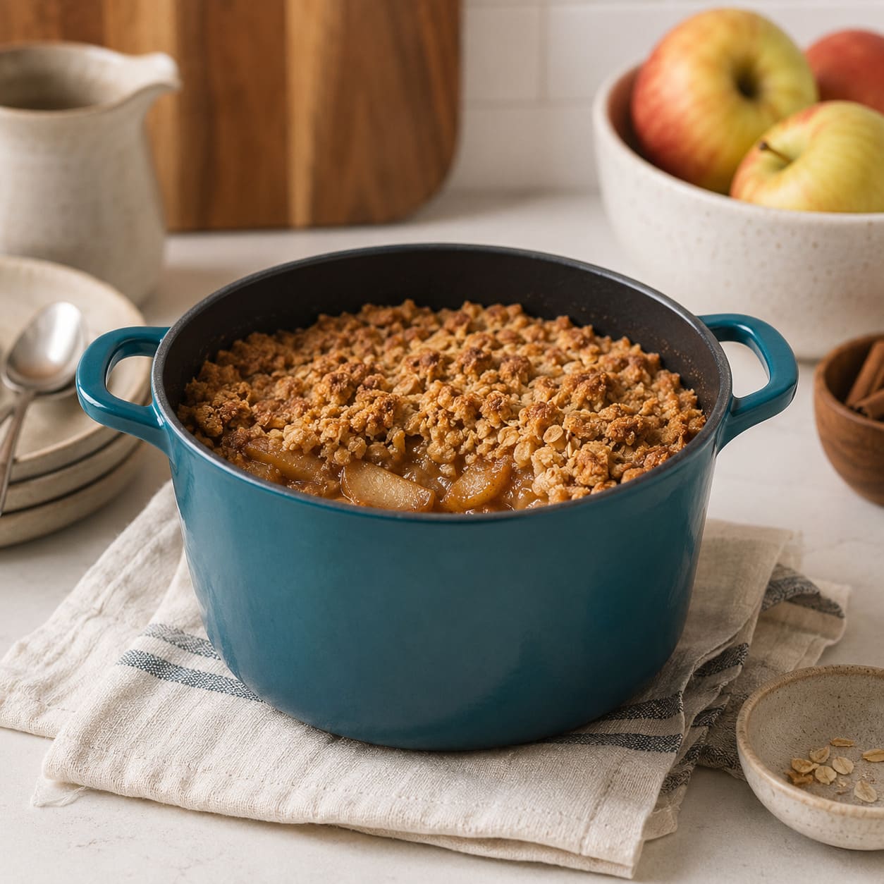 Dark cyan enameled Dutch oven with loop handles, filled with baked casserole topping.
