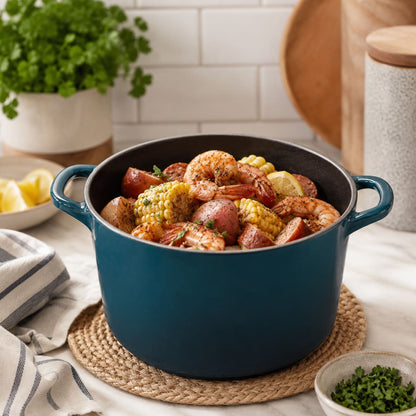 Dark cyan deep Dutch oven with side handles filled with shrimp and vegetables