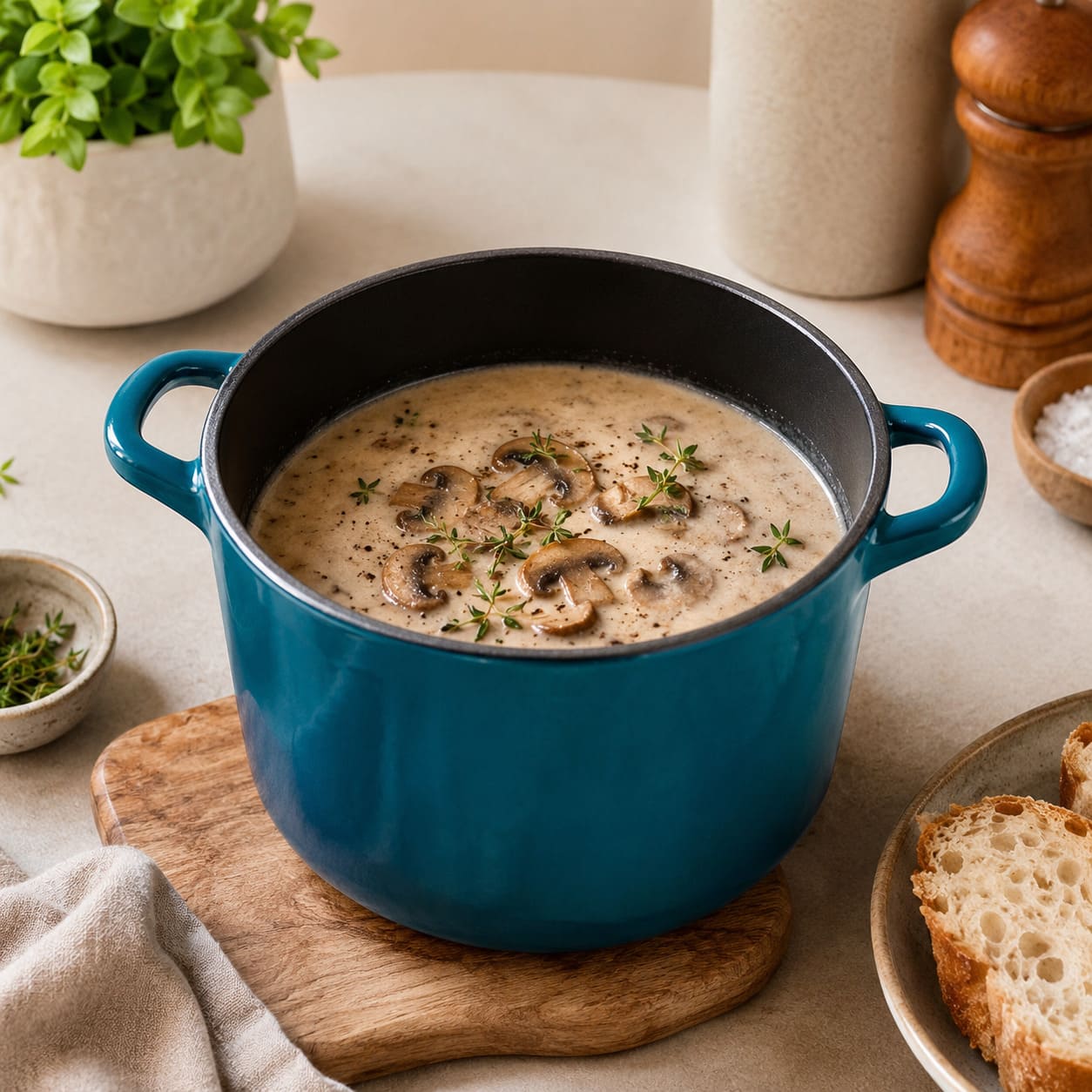 Dark cyan enameled Dutch oven with loop handles, filled with creamy mushroom soup.