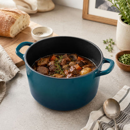Dark cyan enameled Dutch oven with loop handles, filled with hearty stew and herbs.