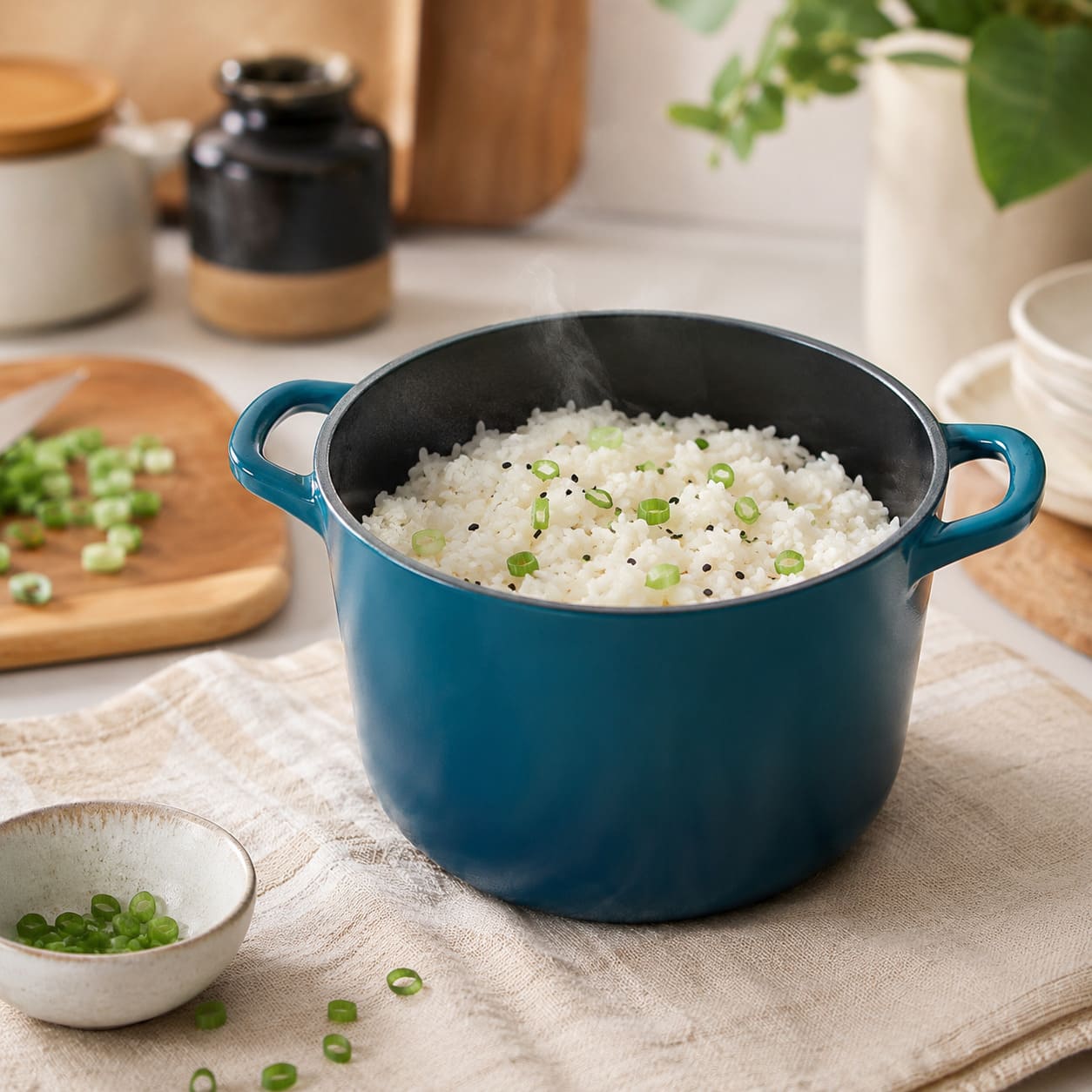 Dark cyan deep Dutch oven with side handles holding white rice with green onions