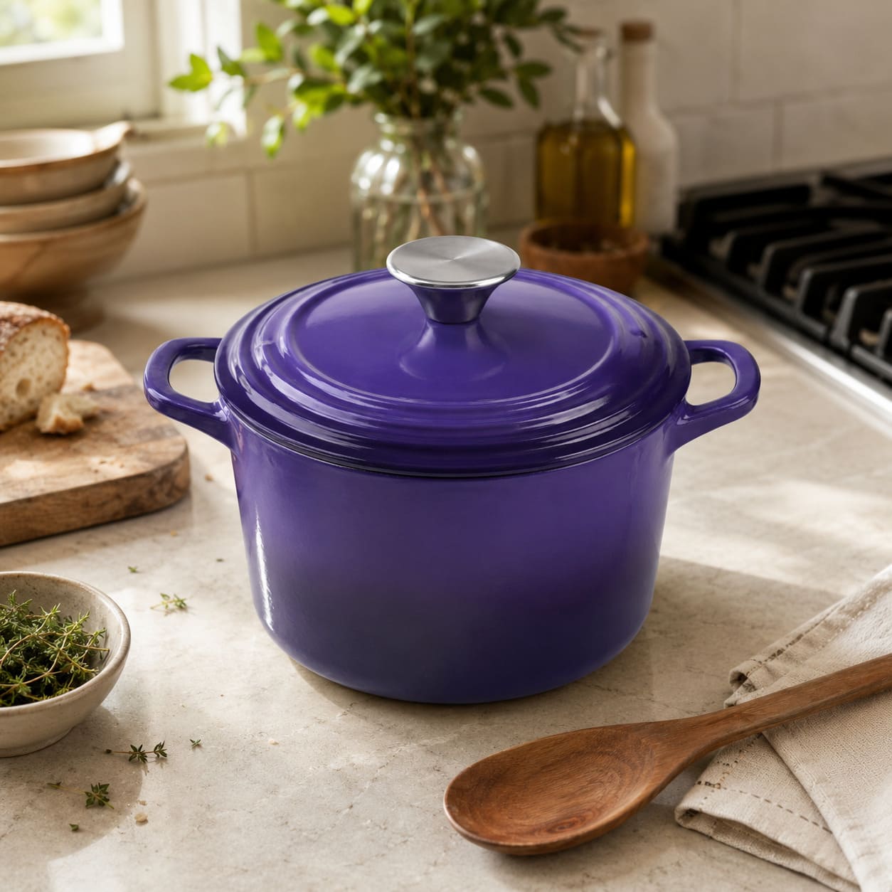 Iris Purple enameled Dutch oven with lid and loop handles, dome lid on top.
