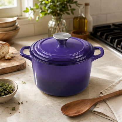 Iris Purple enameled Dutch oven with lid and loop handles, dome lid on top.