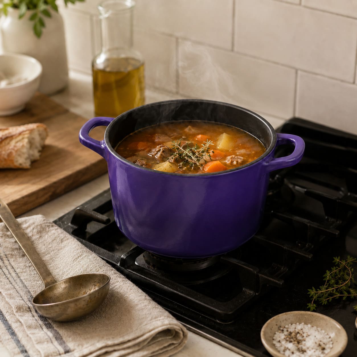 Iris Purple enameled Dutch oven with loop handles, filled with simmering soup and herbs.