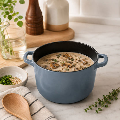 Slate blue enameled Dutch oven with loop handles, filled with creamy soup and mushrooms.