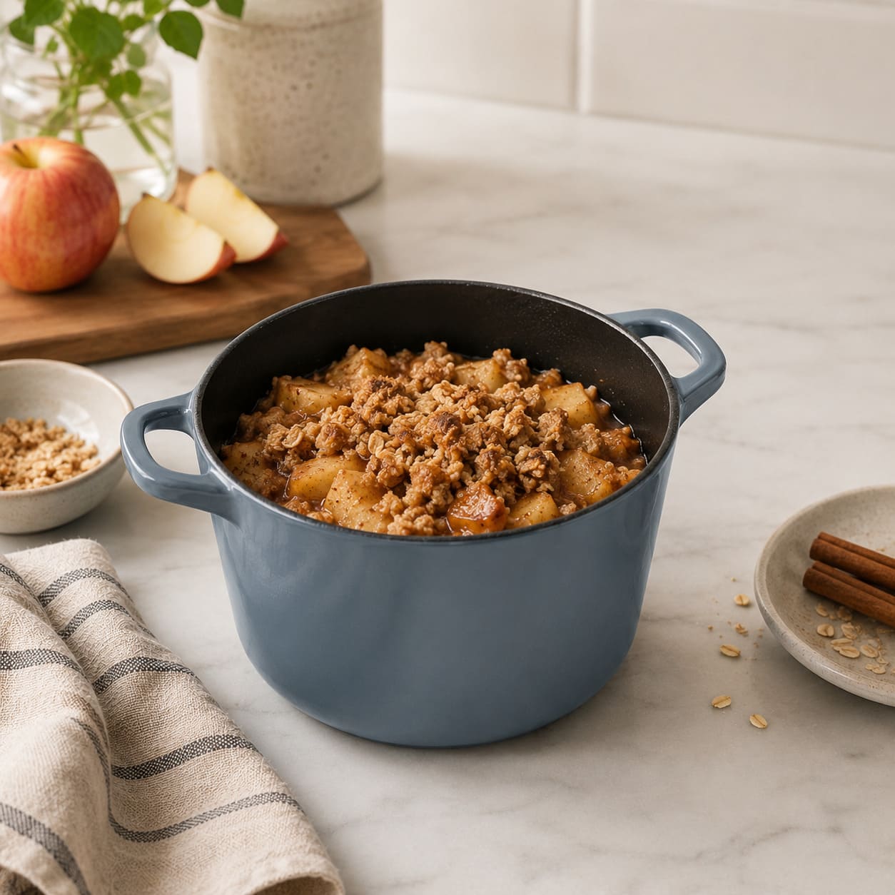 Slate blue deep Dutch oven with side handles filled with browned meat and sauce