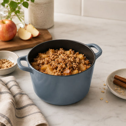 Slate blue deep Dutch oven with side handles filled with browned meat and sauce