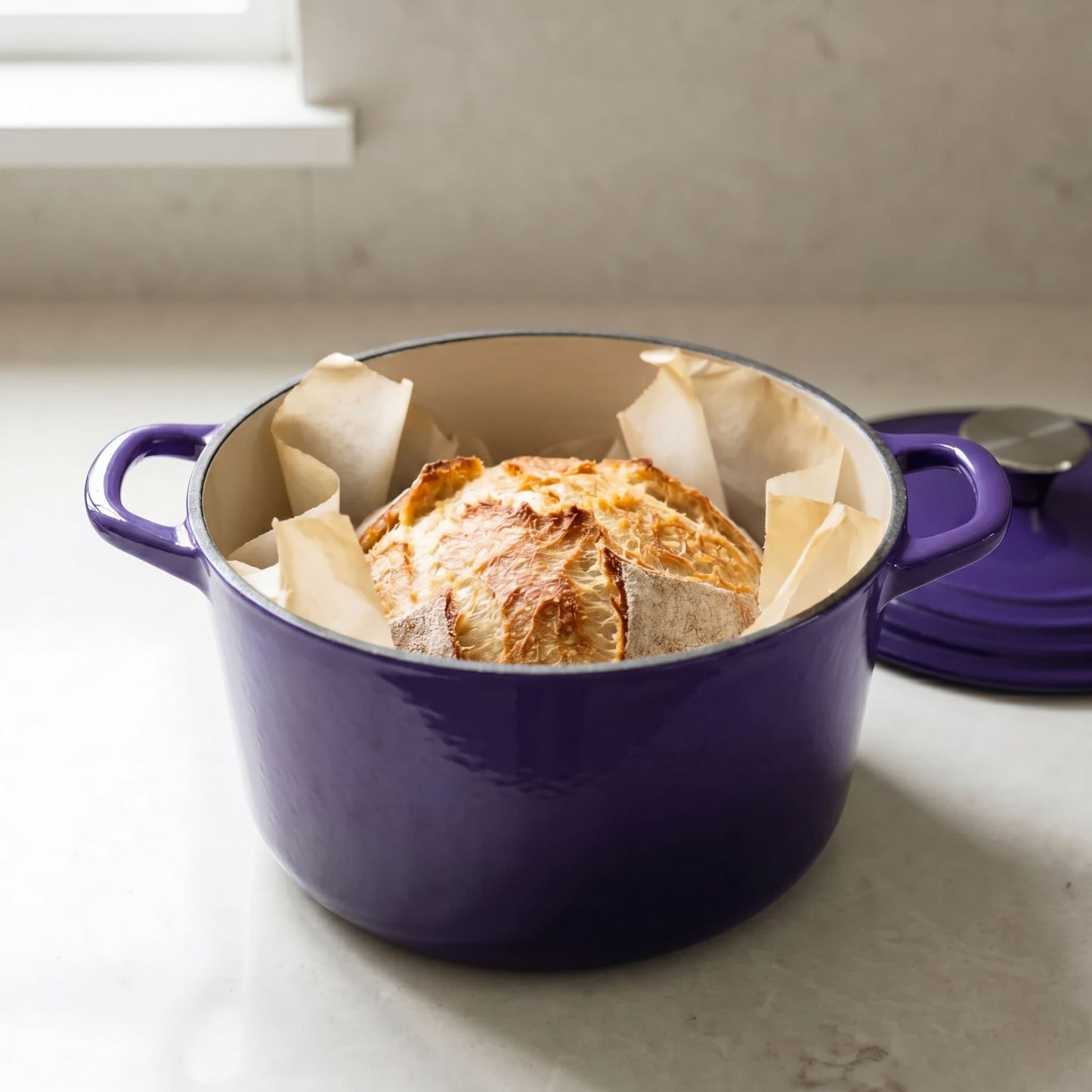 Iris purple Dutch oven with bread in liner, lid removed