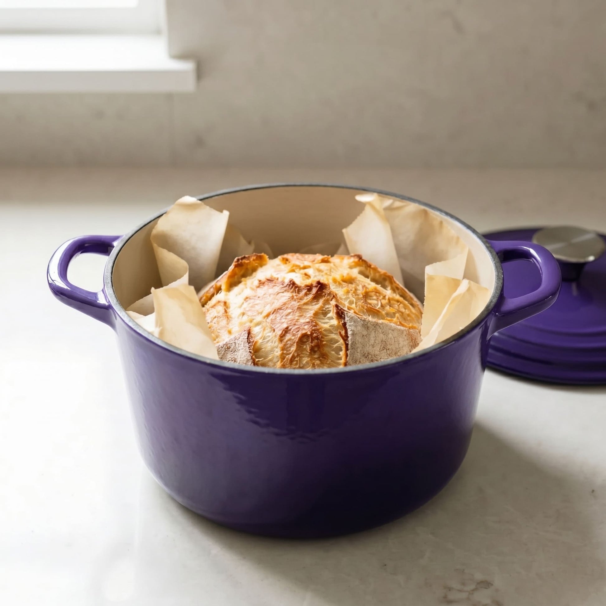 Iris purple Dutch oven with bread in liner, lid removed