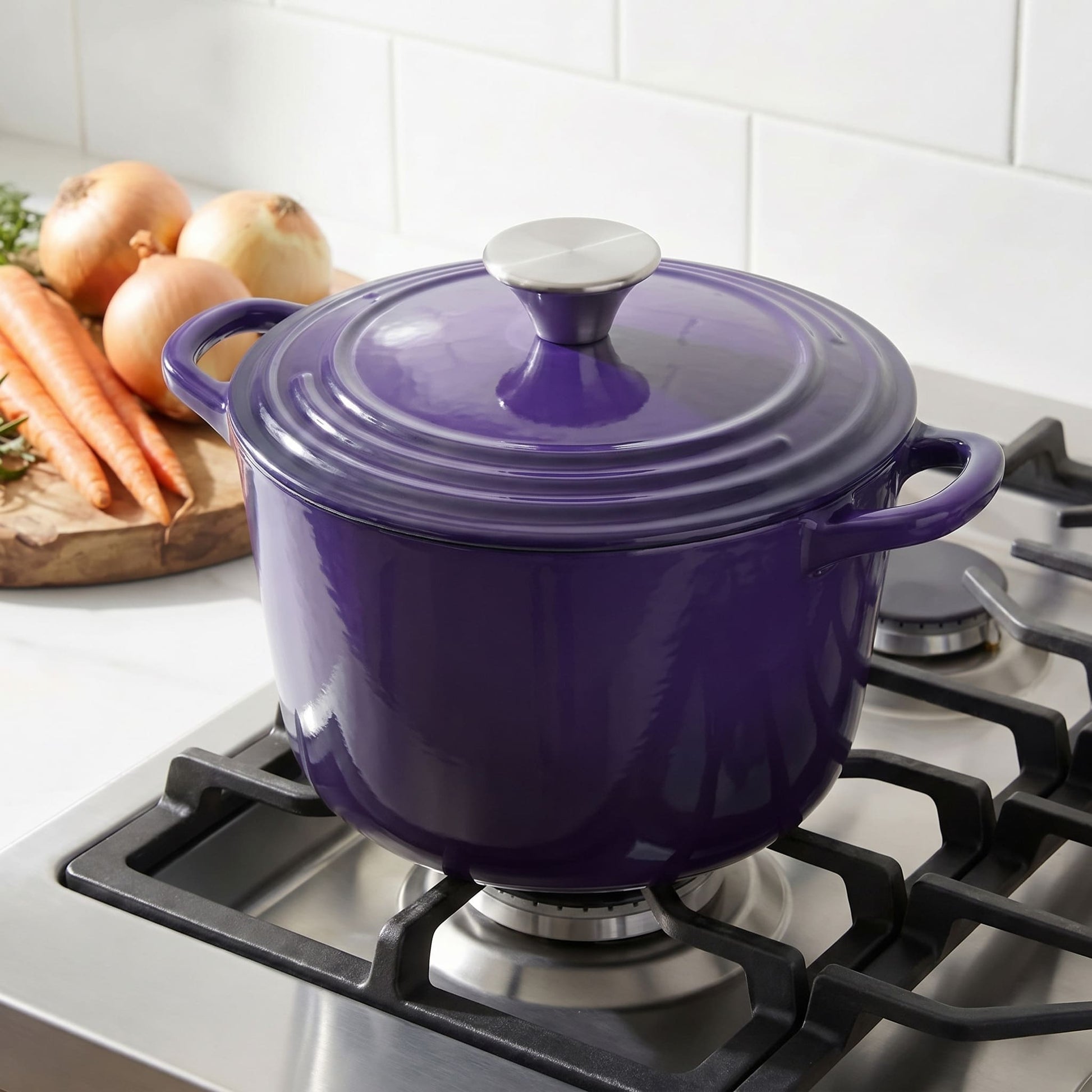 Iris purple Dutch oven with lid on a gas stove, side handles visible
