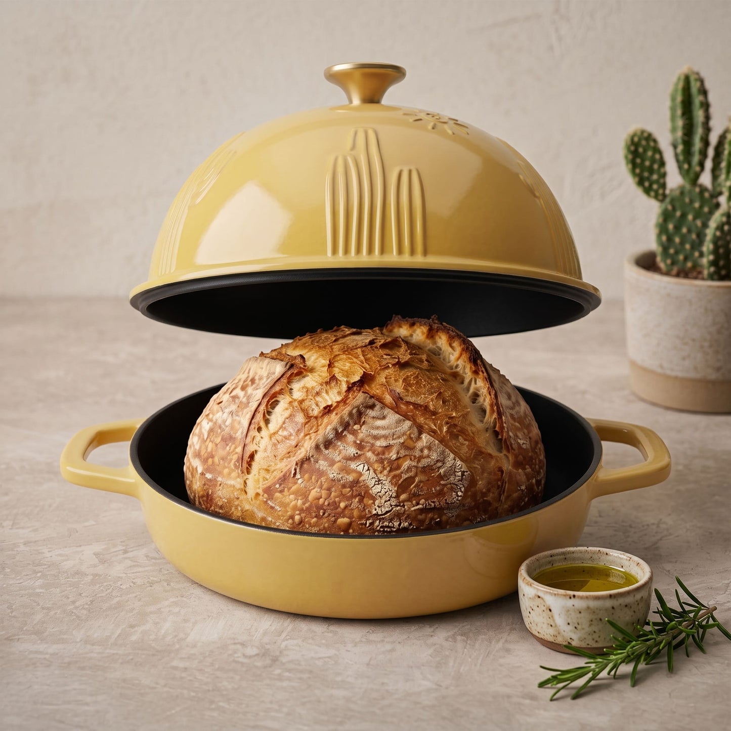 Sunny yellow bread oven with domed lid and sliced loaf on black base