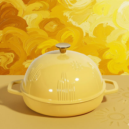 Yellow enameled cast iron dish with a dome lid on a yellow background